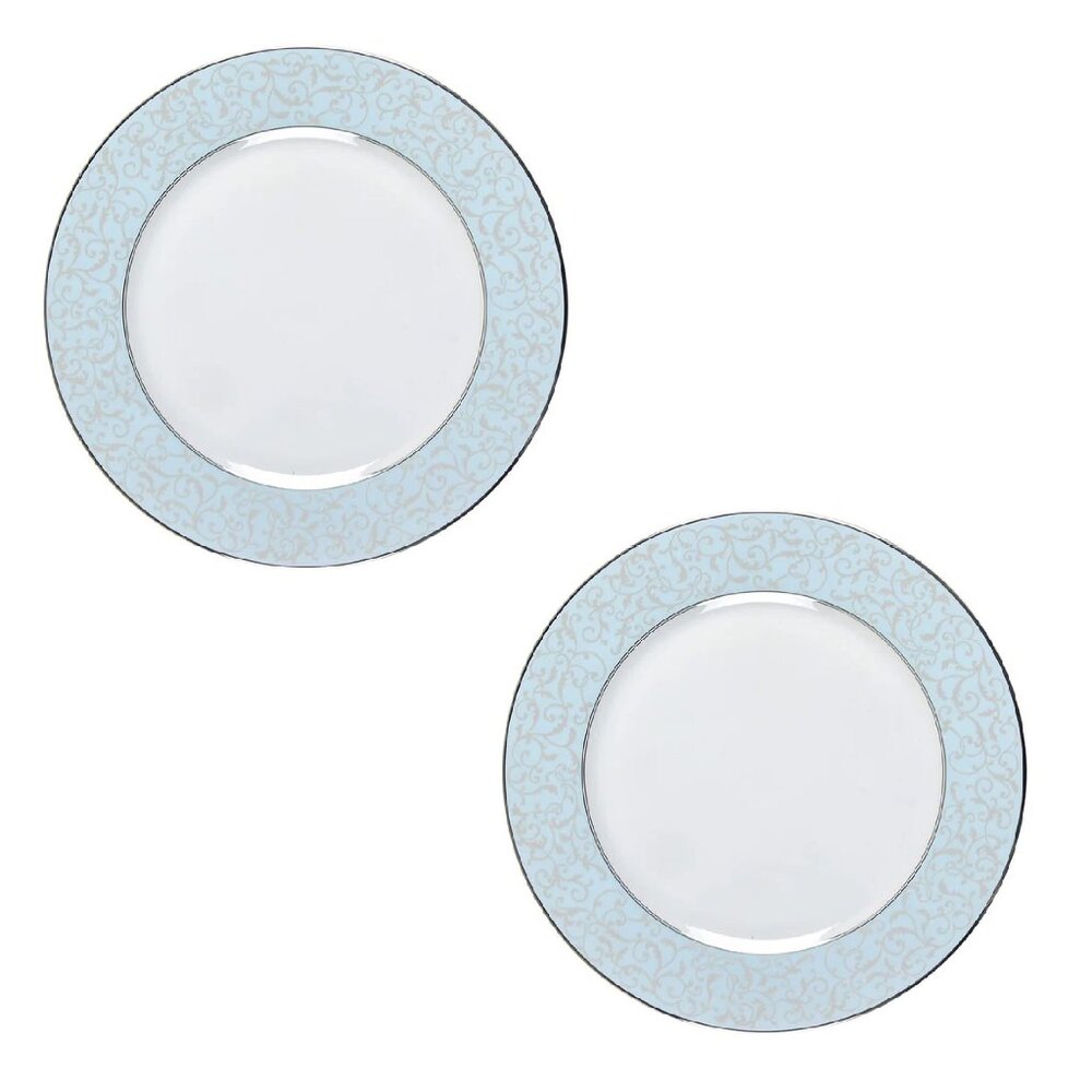 2 new Mikasa PARCHMENT BLUE Fine China Dinner Plates w/ Platinum Scrolls